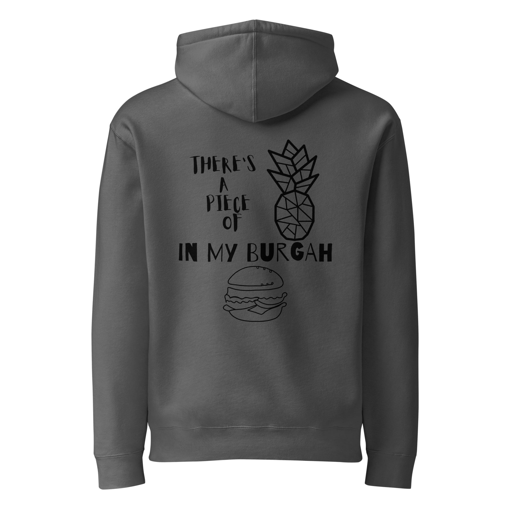Back view of the Charcoal Solid Stray Kids "in my burgah" heavyweight hoodie featuring a graphic of a geometric pineapple, a burger, and the text "There's a piece of in my burgah."