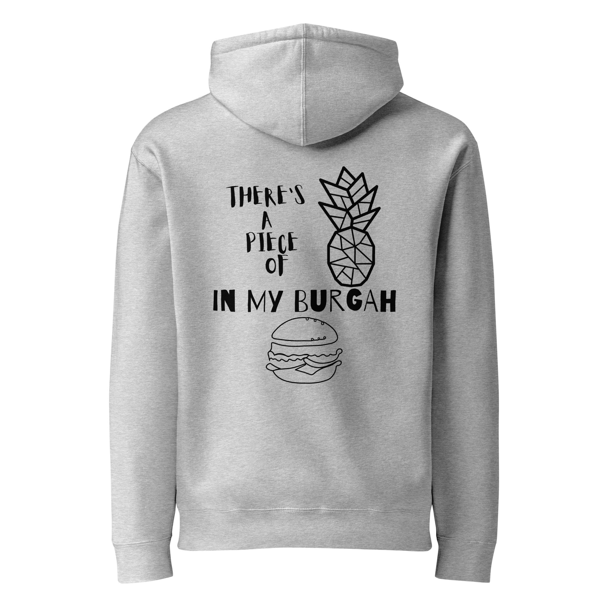 Back view of the grey heather Stray Kids "in my burgah" heavyweight hoodie featuring a graphic of a geometric pineapple, a burger, and the text "There's a piece of in my burgah."