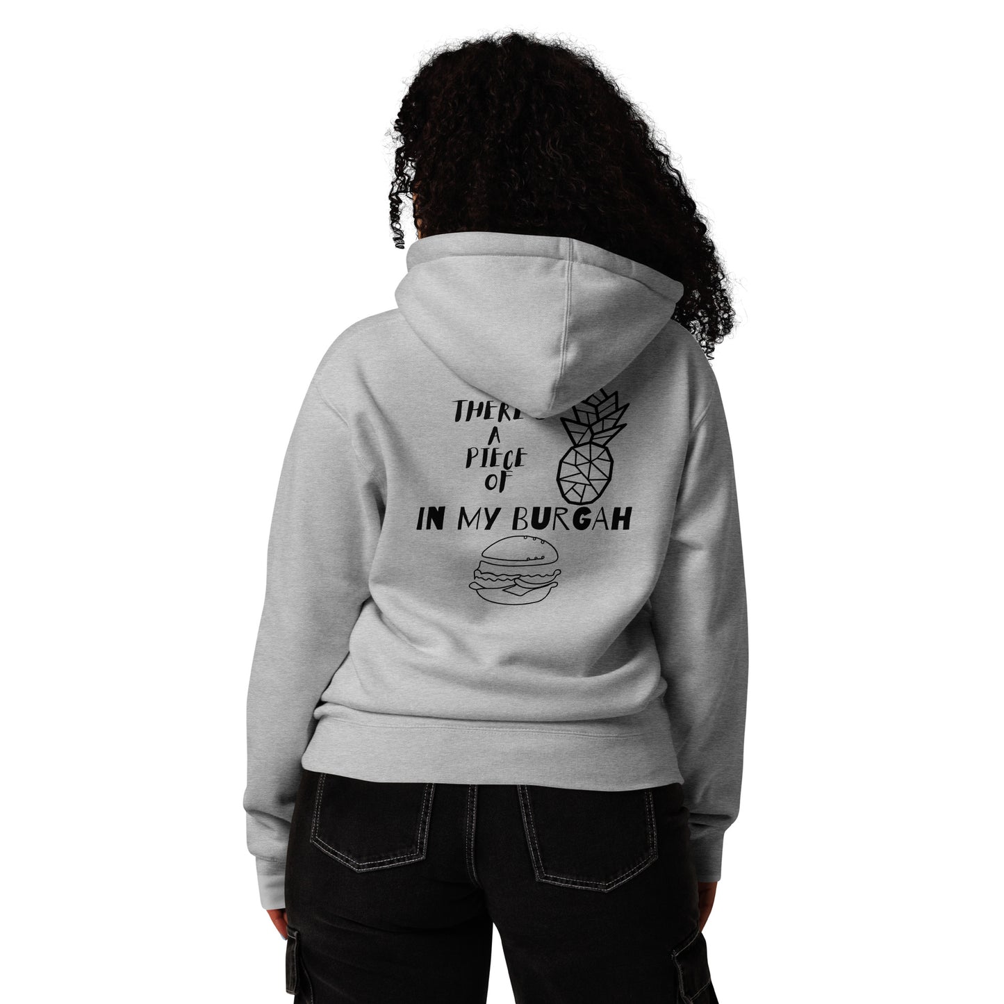 Back of Grey Heather Stray Kids "in my burgah" heavyweight hoodie featuring the aesthetic meme graphic print.