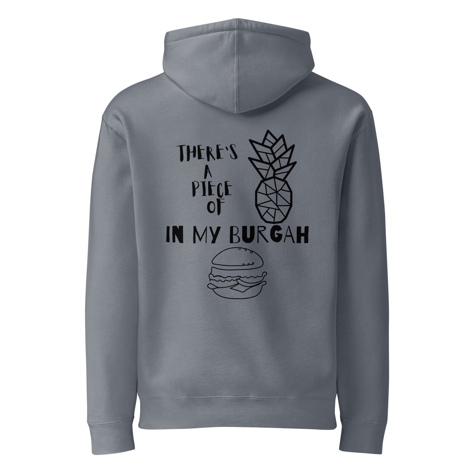Back view of the Storm Blue Stray Kids "in my burgah" heavyweight hoodie featuring a graphic of a geometric pineapple, a burger, and the text "There's a piece of in my burgah."