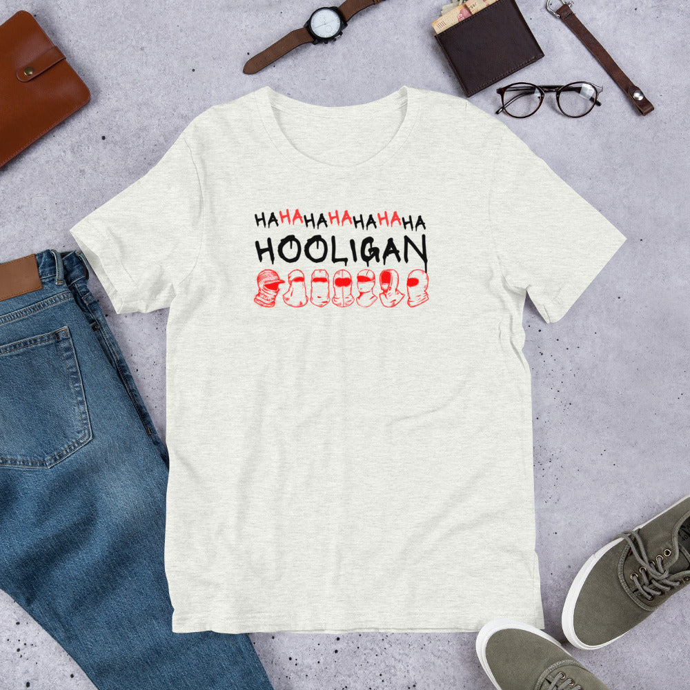Front view of the BTS ARMY World Tour Hooligan unisex t-shirt featuring a bold red and white graphic print layout.