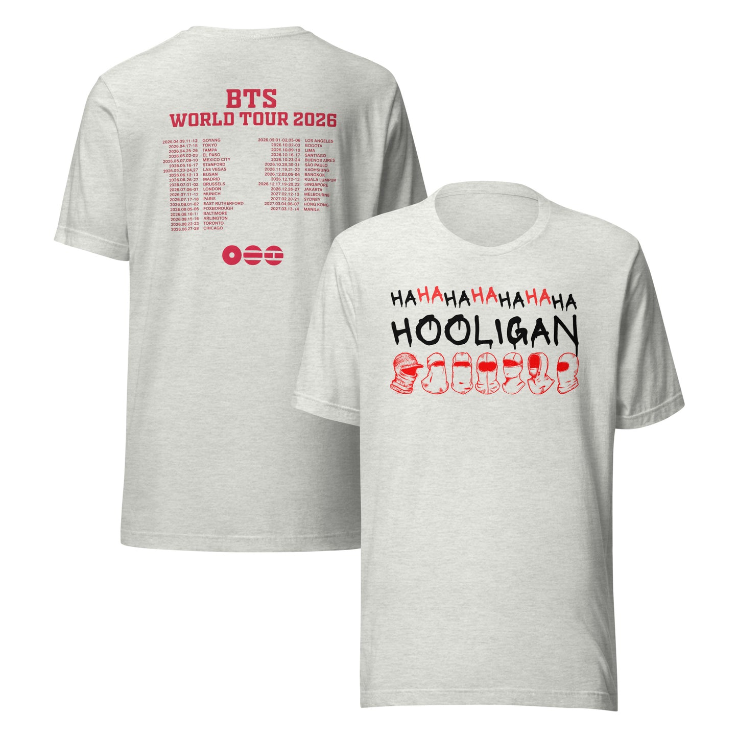 BTS World Tour Hooligan t-shirt in Ash gray combed cotton, styled for a casual streetwear look.
