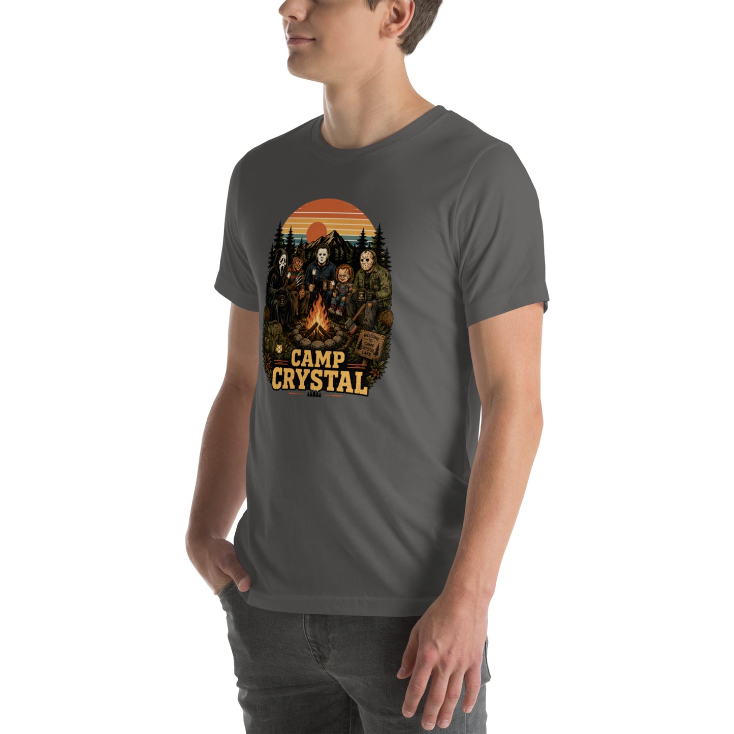 Camp Crystal Lake Slasher Tee — Retro 80s Horror Movie Shirt | Cult Classic Camp — fabric detail