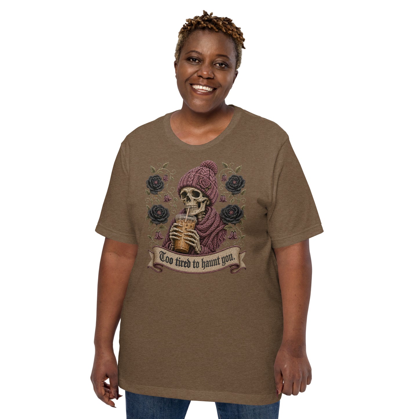 Too Tired to Haunt You T-Shirt | Gothic Skeleton Iced Coffee Graphic Tee, Spooky — color variant