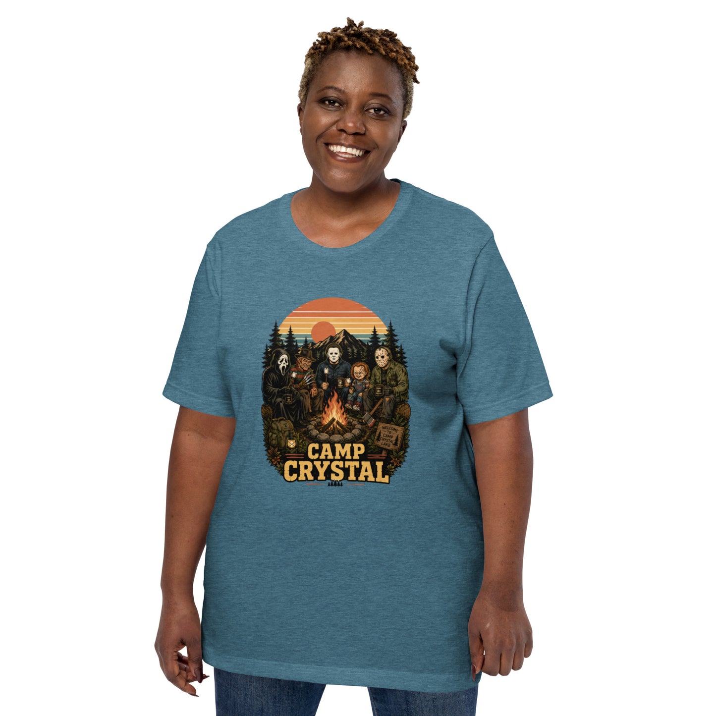 Camp Crystal Lake Slasher Tee — Retro 80s Horror Movie Shirt | Cult Classic Camp — design detail