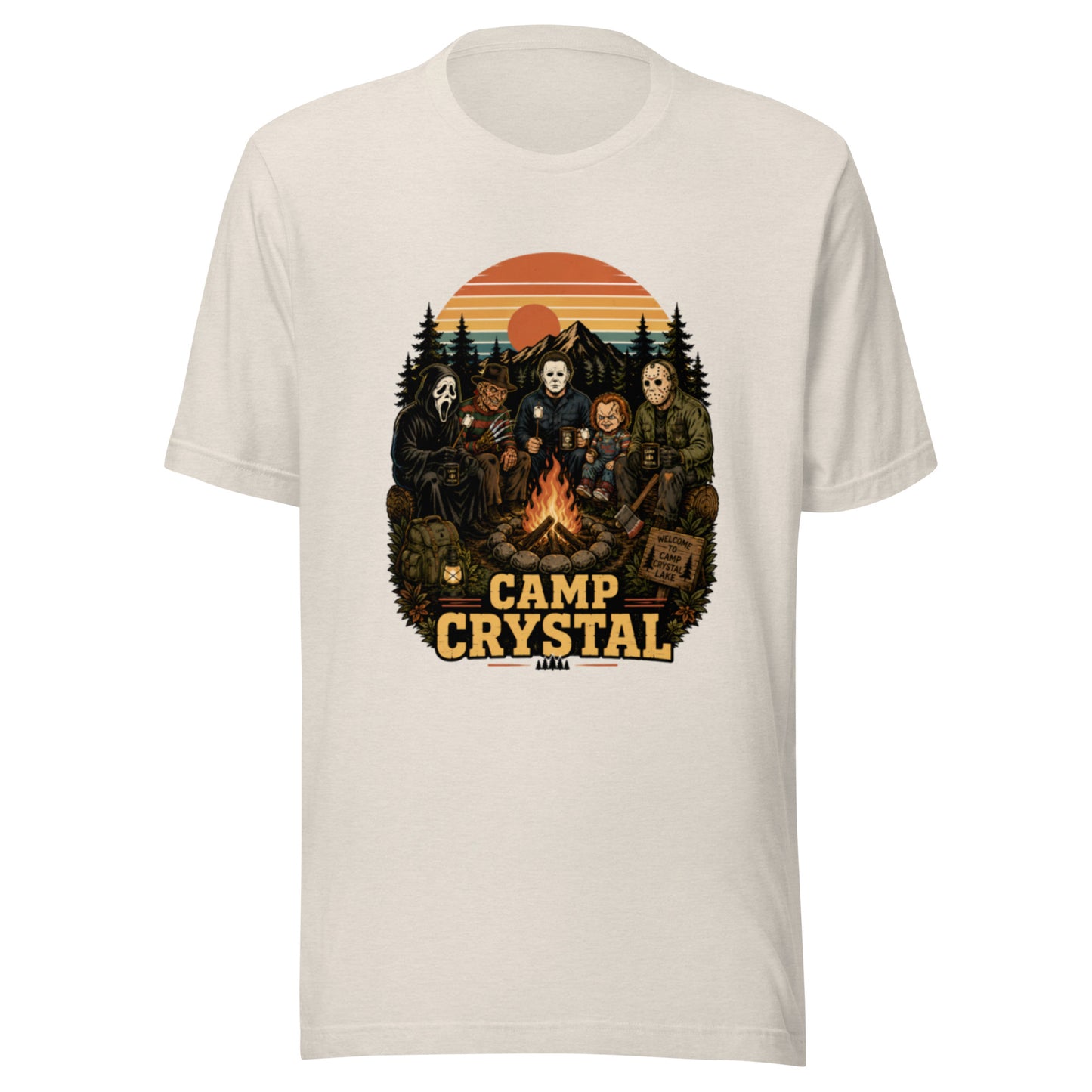 Camp Crystal Lake Slasher Tee — Retro 80s Horror Movie Shirt | Cult Classic Camp — lifestyle model view