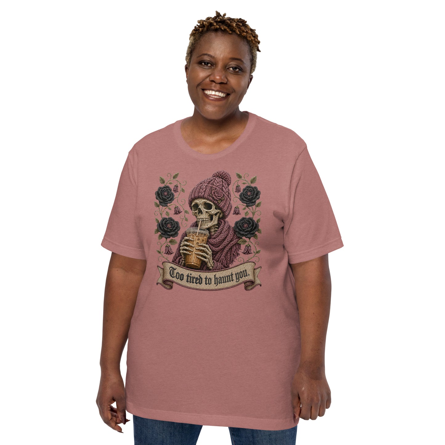 Too Tired to Haunt You T-Shirt | Gothic Skeleton Iced Coffee Graphic Tee, Spooky — design detail