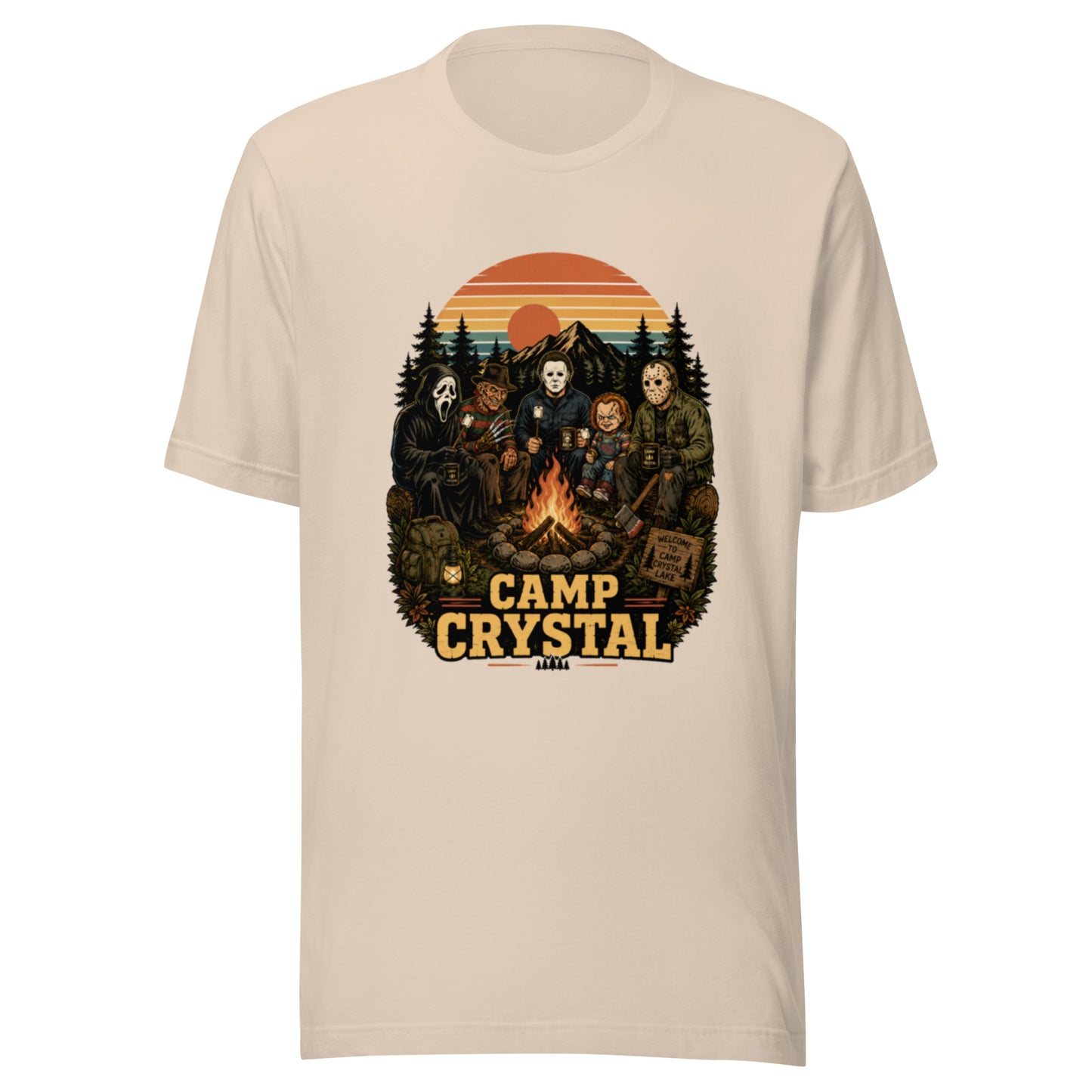 Camp Crystal Lake Slasher Tee — Retro 80s Horror Movie Shirt | Cult Classic Camp — flat lay