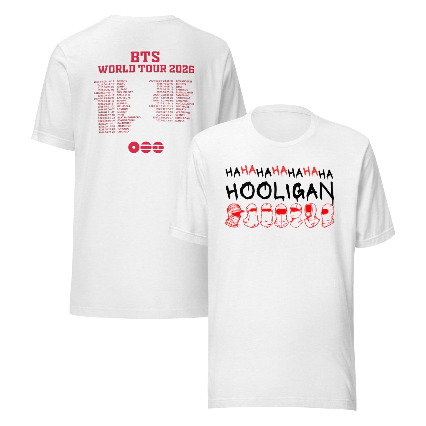 The official BTS ARMY Hooligan graphic tee in a premium premium Solid White Blend fabric.
