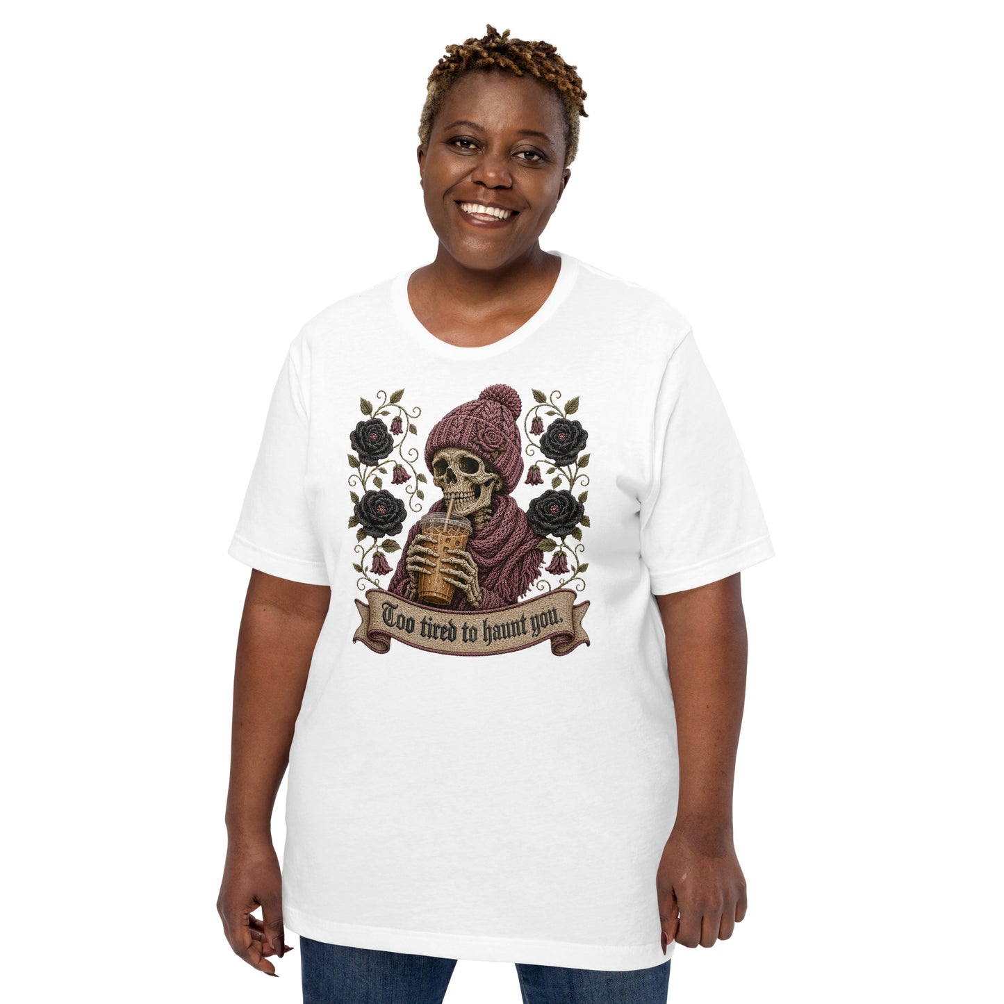 Too Tired to Haunt You T-Shirt | Gothic Skeleton Iced Coffee Graphic Tee, Spooky — front view