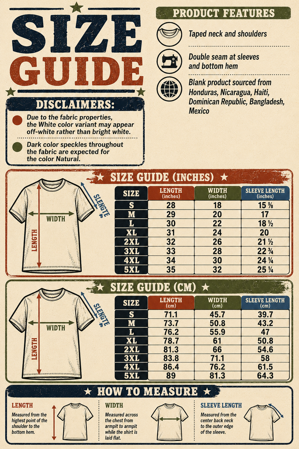 A detailed size guide infographic for a t-shirt, showing size charts in both inches and centimeters, product features, and a 'how to measure' section with illustrated diagrams.