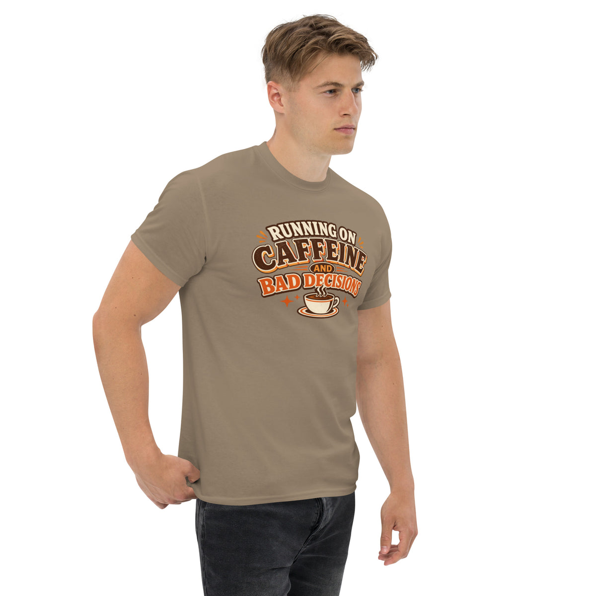 Front view of a male model wearing a brown savana unisex t-shirt with a retro Running on Caffeine and Bad Decisions graphic

