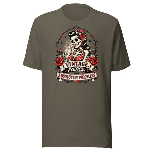 FFront view mockup of an army green unisex t-shirt featuring a vintage rockabilly skeleton pinup girl holding a sundae with red roses and banner reading Vintage Fierce and Absolutely Priceless