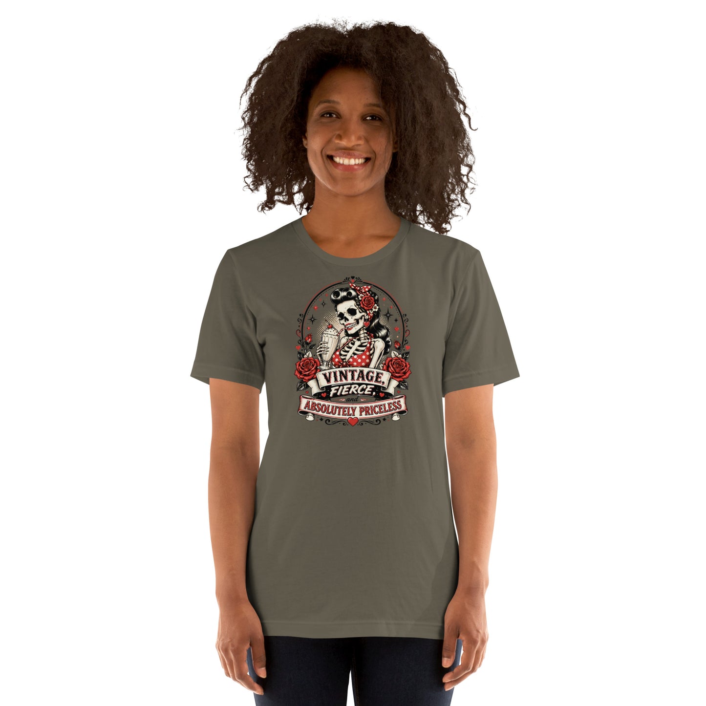 model wearing an army green unisex graphic t-shirt featuring the Vintage Fierce and Absolutely Priceless skeleton pinup design