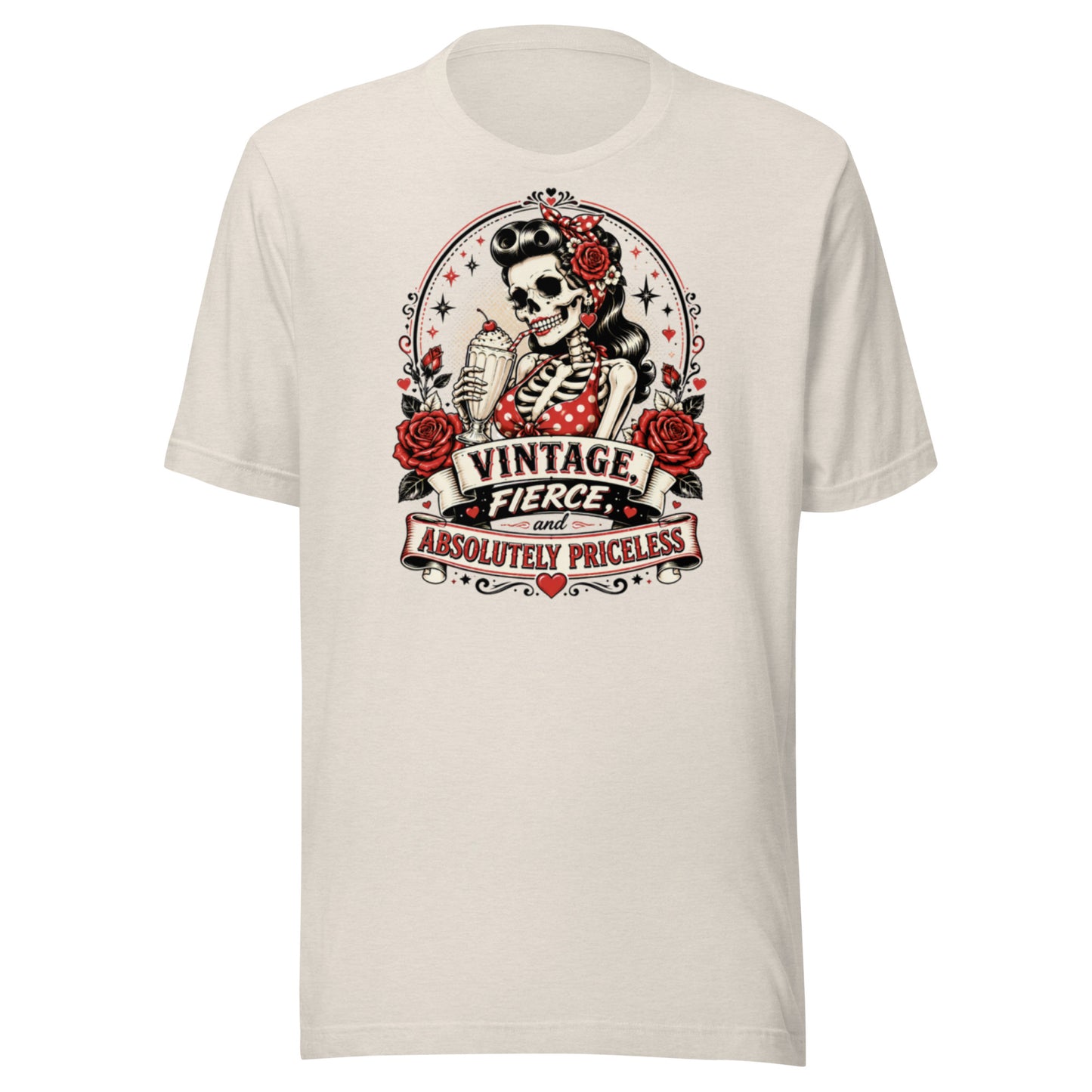Front view mockup of a heather dust tan unisex t-shirt featuring a vintage rockabilly skeleton pinup girl holding a sundae with red roses and banner reading Vintage Fierce and Absolutely Priceless