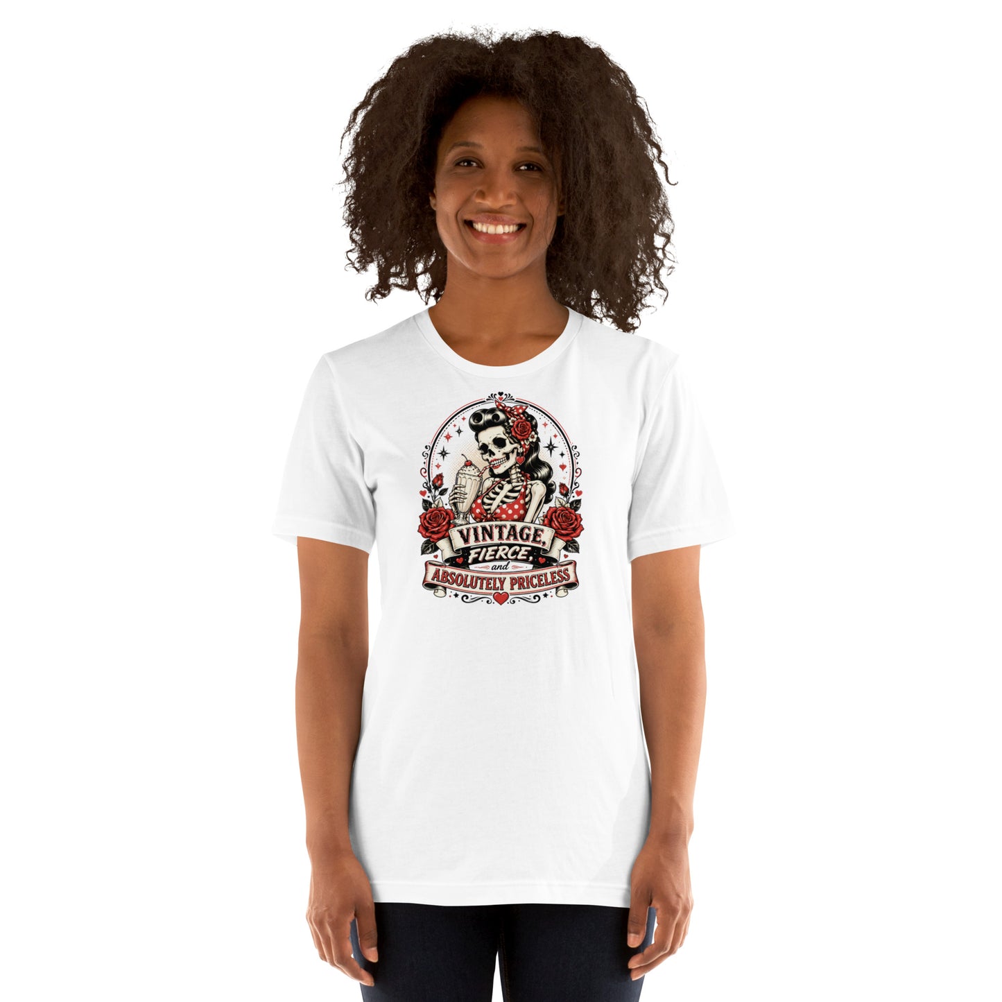 model wearing a heather dust tan unisex t-shirt with retro skeleton pinup graphic