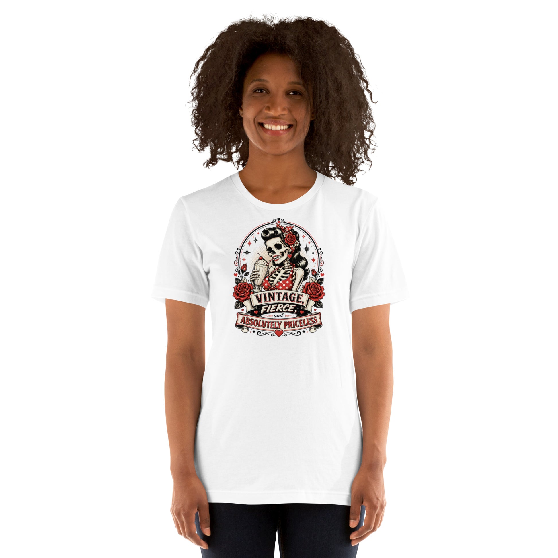 model wearing a heather dust tan unisex t-shirt with retro skeleton pinup graphic