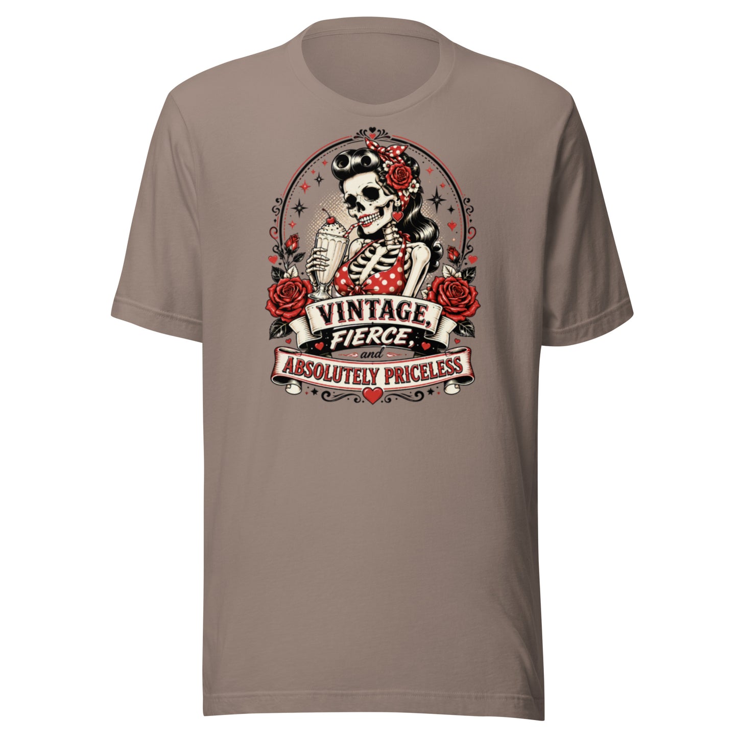 Front view mockup of a pebble beige unisex t-shirt featuring a vintage rockabilly skeleton pinup girl holding a sundae with red roses and banner reading Vintage Fierce and Absolutely Priceless