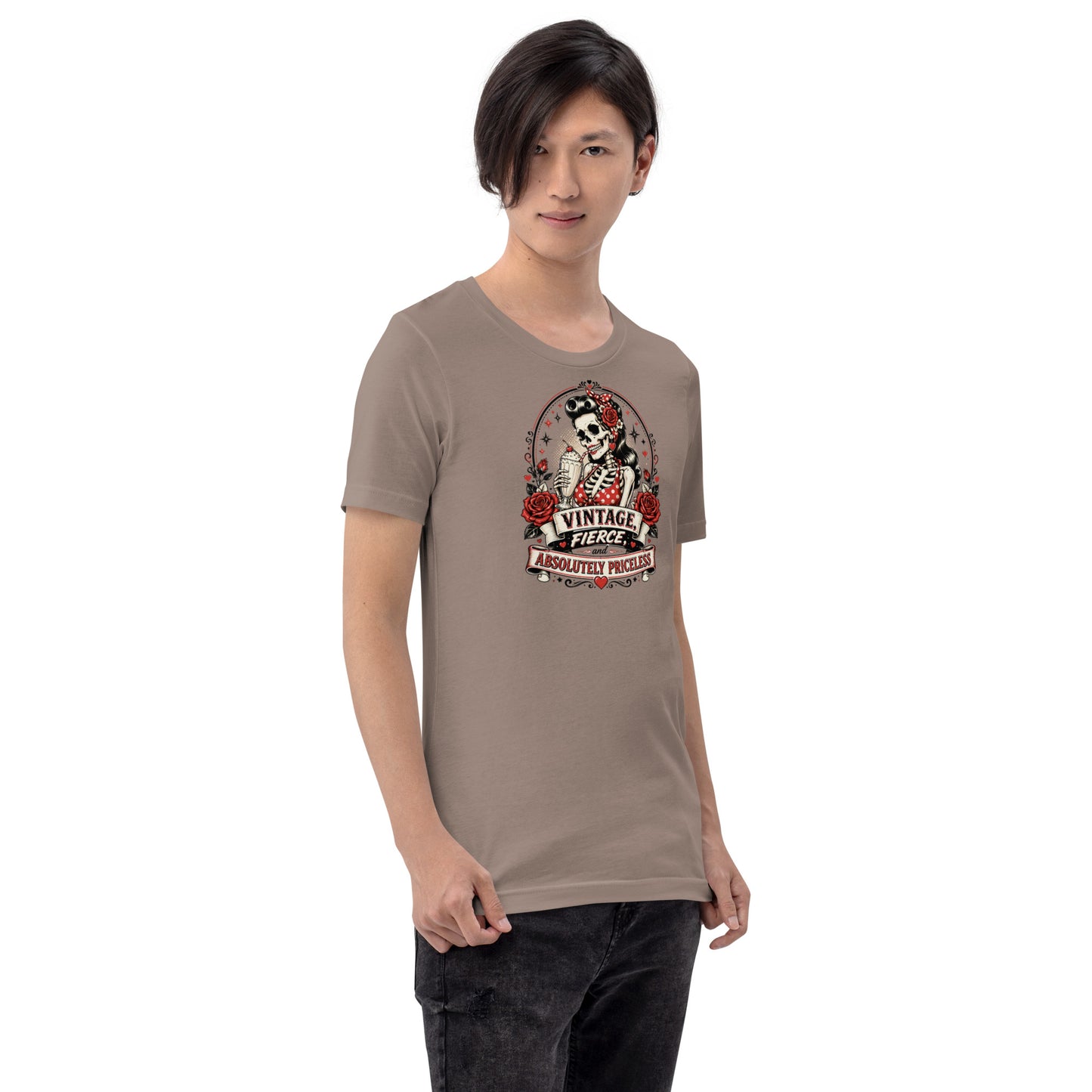 Male model wearing a pebble beige unisex t-shirt featuring a vintage rockabilly skeleton pinup girl with red roses