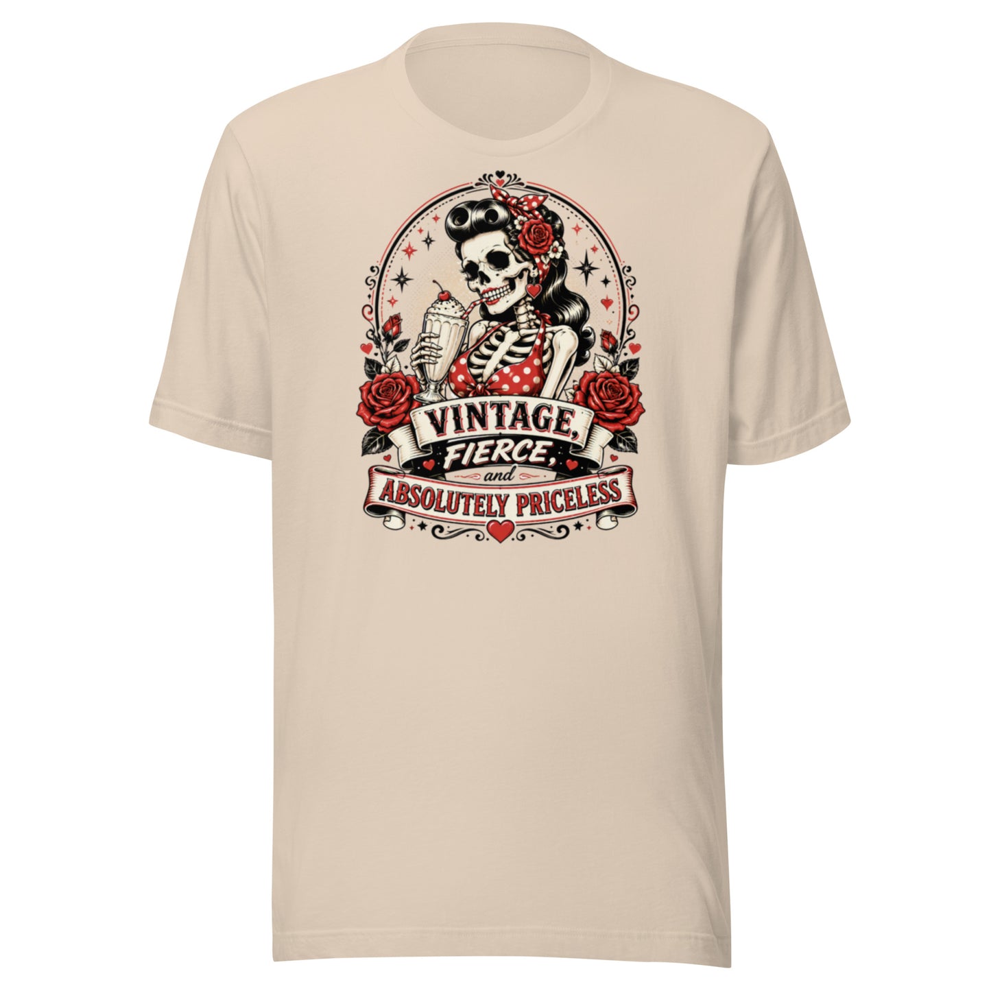 Front view mockup of a soft cream unisex t-shirt featuring a vintage rockabilly skeleton pinup girl holding a sundae with red roses and banner reading Vintage Fierce and Absolutely Priceless