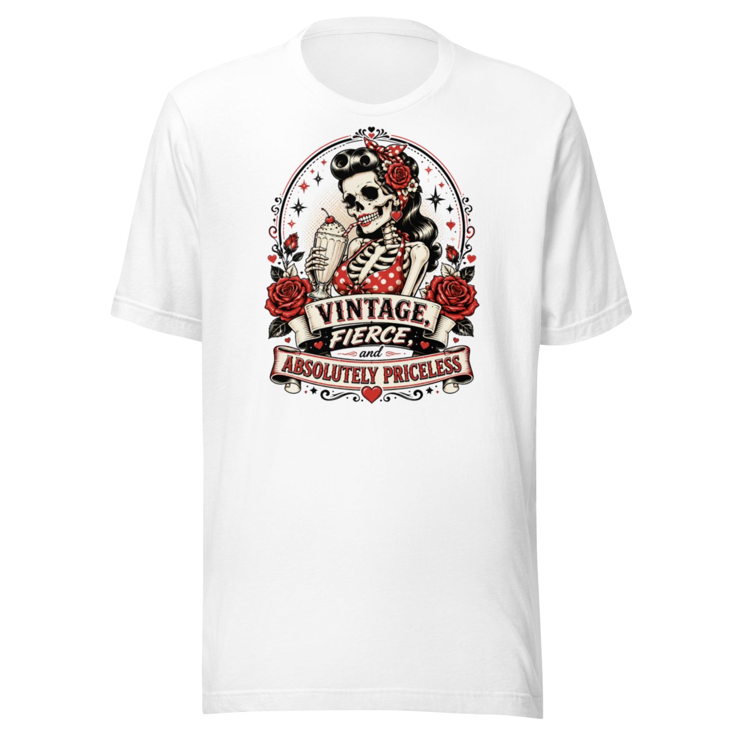 Front view mockup of a white unisex t-shirt featuring a vintage rockabilly skeleton pinup girl holding a sundae with red roses and banner reading Vintage Fierce and Absolutely Priceless