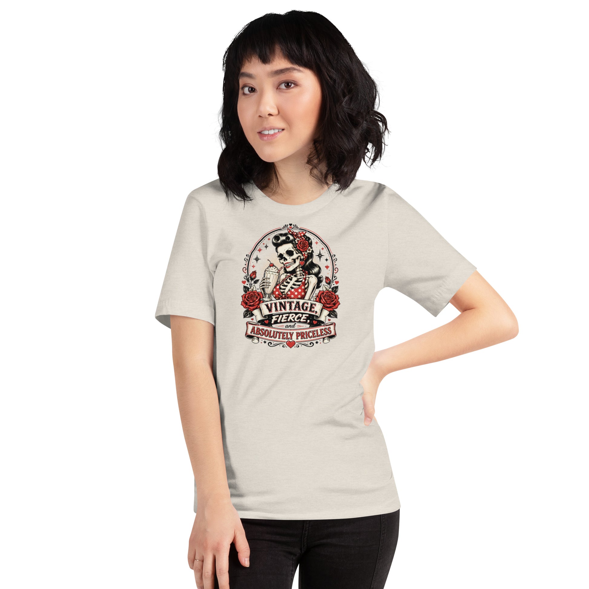 model wearing a white unisex graphic t-shirt featuring the rockabilly skeleton pinup and red roses illustration